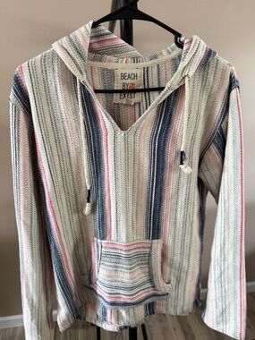 Beach By Exist Cream Hooded V-Neck Sweater with Blue & Pink Stripes